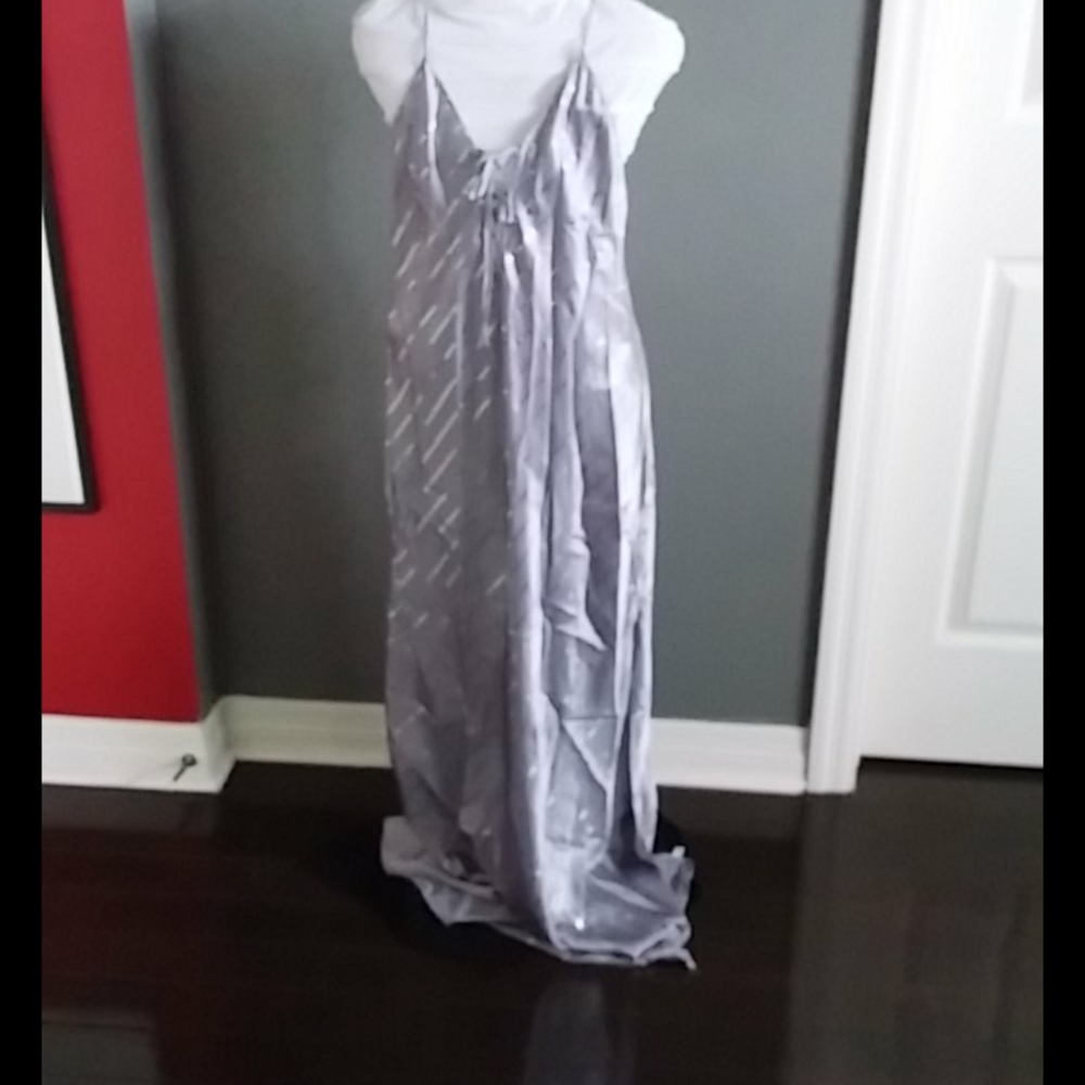 Long length, low back silver chemise